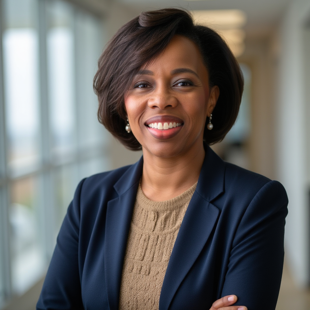 Angela Terrell, Principal Consultant at Grace Grants LLC, smiling in a navy blazer
