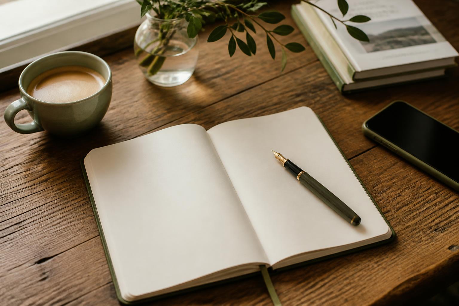 An open notebook, fountain pen, coffee and phone on a wooden desk by a window