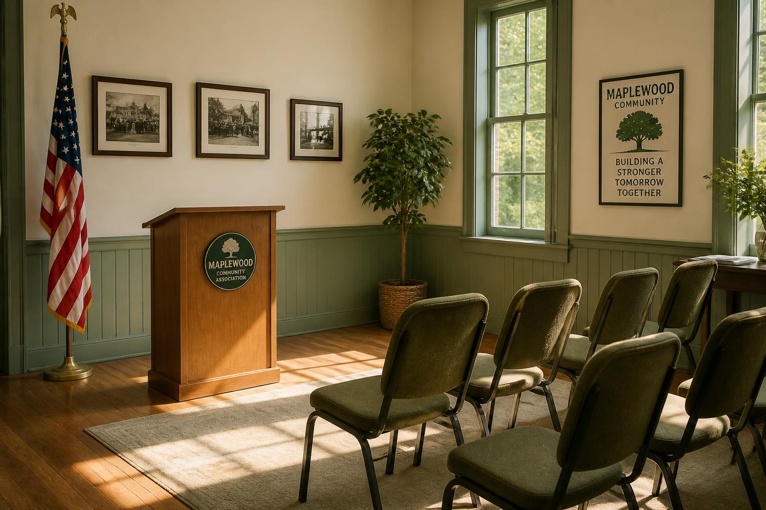A community meeting room with a wooden podium, chairs and an American flag